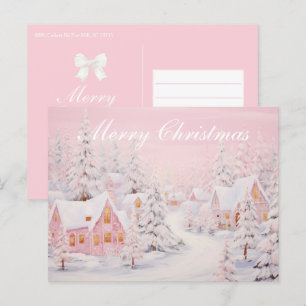 Grandmillennial Preppy Pink Christmas Village  Holiday Postcard