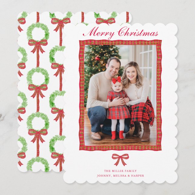 Grandmillennial Preppy Red Tartan Bow Garland  Holiday Card (Front/Back)
