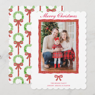 Grandmillennial Preppy Red Tartan Bow Garland Holiday Card