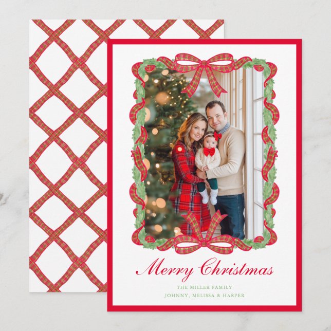 Grandmillennial Preppy Red Tartan Bow Garland  Holiday Card (Front/Back)