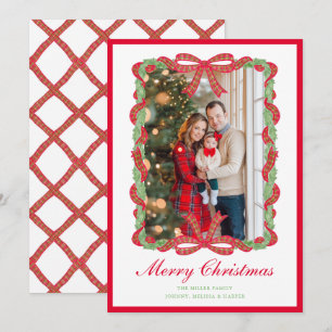 Grandmillennial Preppy Red Tartan Bow Garland  Holiday Card
