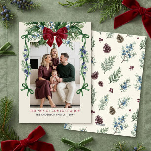 Grandmillennial Red Bow Botanical Family Photo Holiday Card
