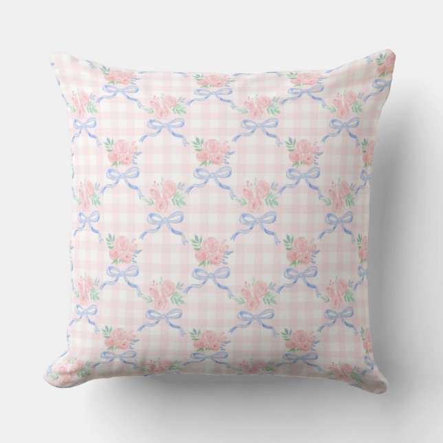 Grandmillennial Ribbon Floral Trellis on Gingham Cushion (Front)
