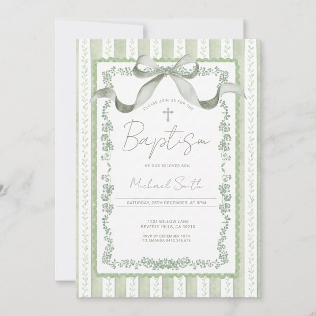 Grandmillennial Sage Green Botanical Baptism  Invitation (Front)