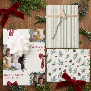 Grandmillennial Ticking Greenery & Photo Christmas Wrapping Paper Sheet