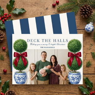 Grandmillennial Topiary Chinoiserie Red Bow Photo Holiday Card