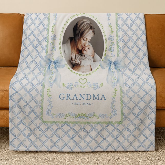 Grandmillennial Watercolor Bows Grandma Photo Fleece Blanket (Creator Uploaded)