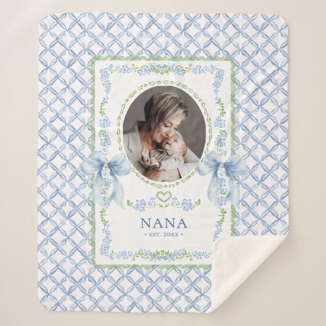 Grandmillennial Watercolor Bows Nana Photo Sherpa Blanket (Front)