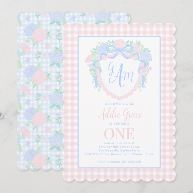 Grandmillennial Watercolor Crest First Birthday Invitation (Front/Back)