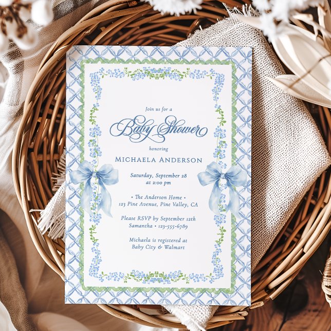 Grandmillennial Watercolor Floral Bow Baby Shower Invitation (Creator Uploaded)