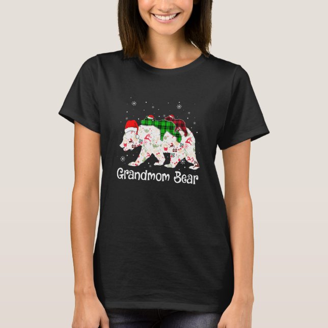 Grandmom Bear Two Cubs Green Plaid Christmas Pajam T-Shirt (Front)