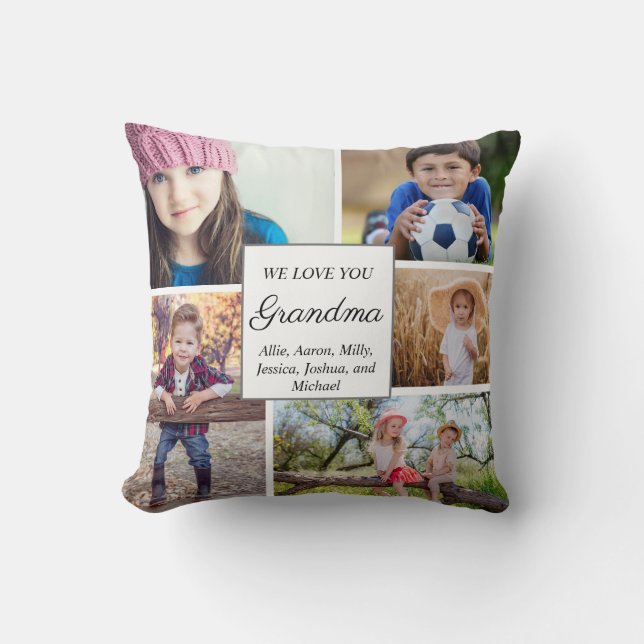 Grandmother 5 Grandchild Family Photo Collage Cushion (Front)