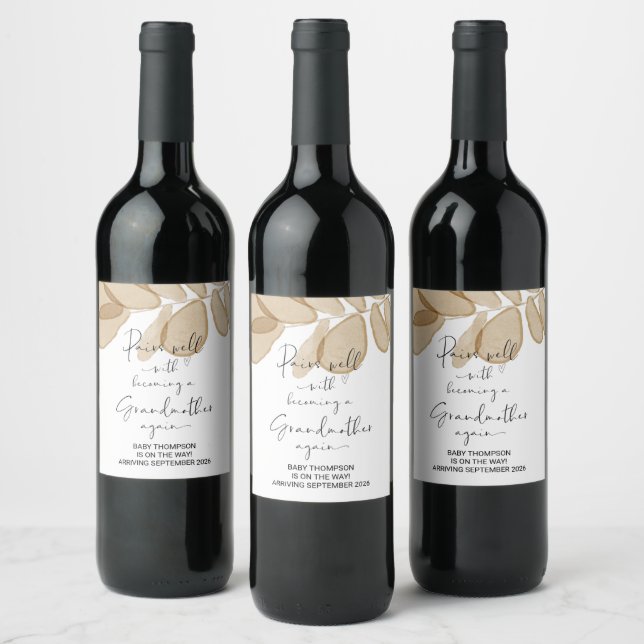 Grandmother Again to Be Pregnancy Announcement Mom Wine Label (Bottles)