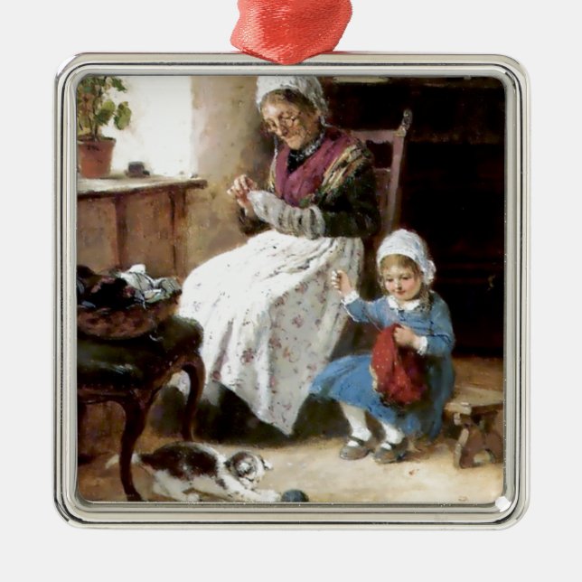 Grandmother and granddaughter sewing metal tree decoration (Front)