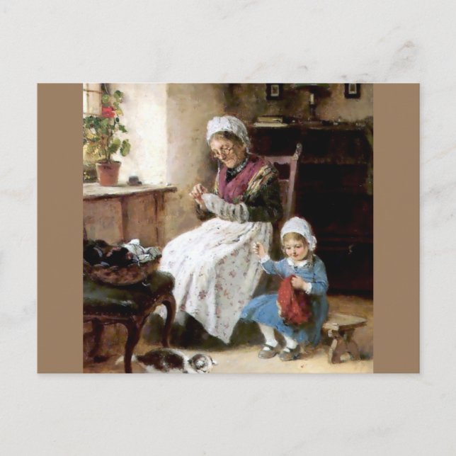 Grandmother and granddaughter sewing postcard (Front)