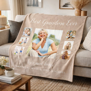 Grandmother beige photo collage grandkids fleece blanket
