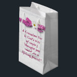Grandmother Birthday with Polka Dot Ribbon  Small Gift Bag<br><div class="desc">Grandmother quote with pink and white polka dot ribbon and cosmos flower on light grey rustic barn wood.
Text can be edited.</div>