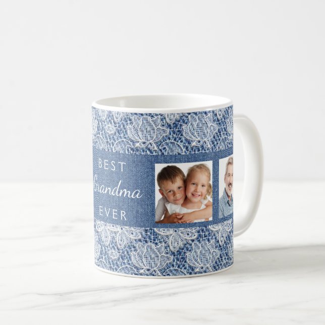 Grandmother blue denim lace photo collage coffee mug (Front Right)