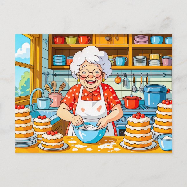 Grandmother Cooking Pancakes Illustration Holiday Postcard (Front)