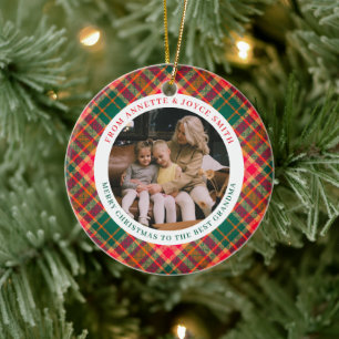 Grandmother Elegant Tartan Plaid photo Christmas Ceramic Tree Decoration