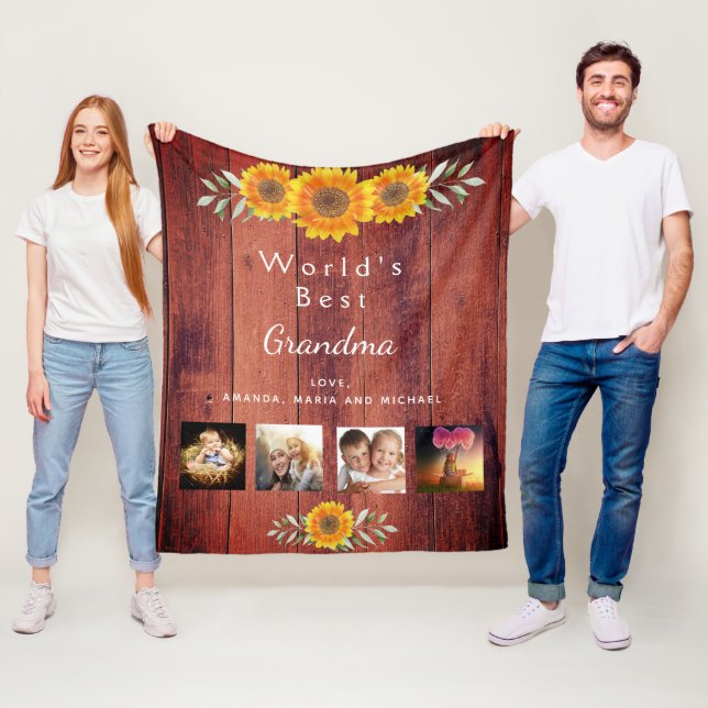 Grandmother family photo collage rustic brown wood fleece blanket (In Situ)