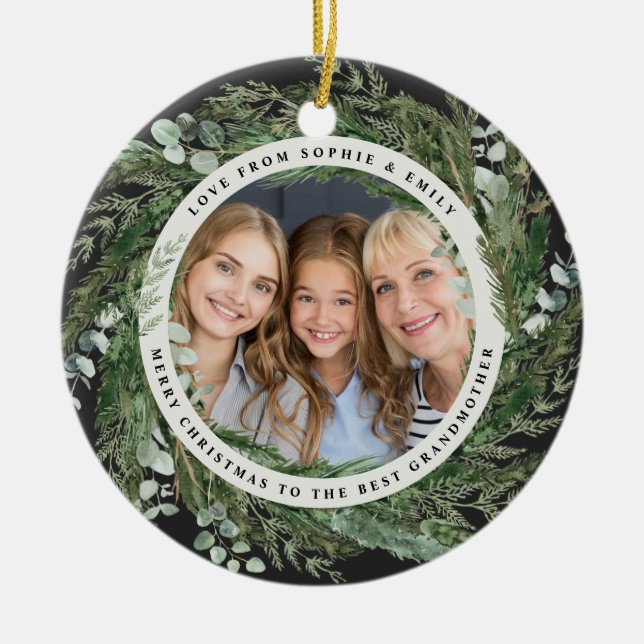 Grandmother foliage wreath photo Christmas black Ceramic Tree Decoration (Front)