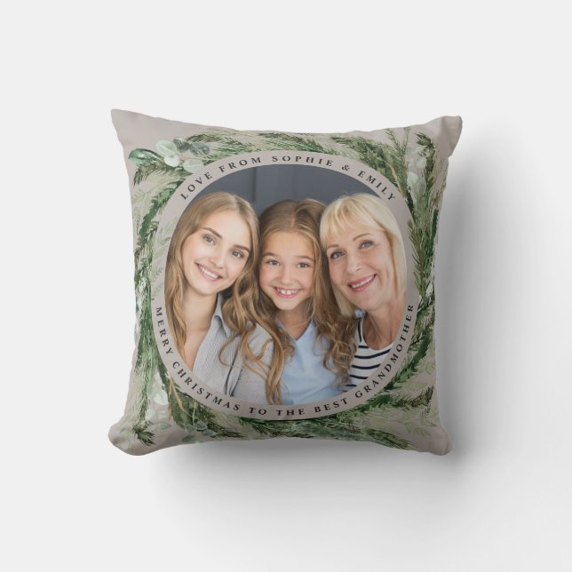 Grandmother foliage wreath photo Christmas black Cushion (Front)