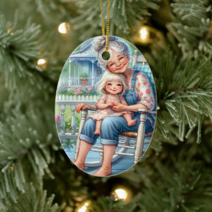 Grandmother Granddaughter Porch Embrace Ceramic Tree Decoration