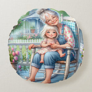 Grandmother Granddaughter Porch Embrace Round Cushion