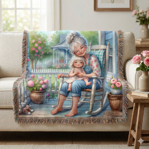 Grandmother Granddaughter Porch Embrace Throw Blanket