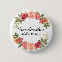 Grandmother Groom Pink Red Floral Wreath Button
