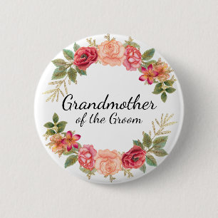 Grandmother Groom Pink Red Floral Wreath Button