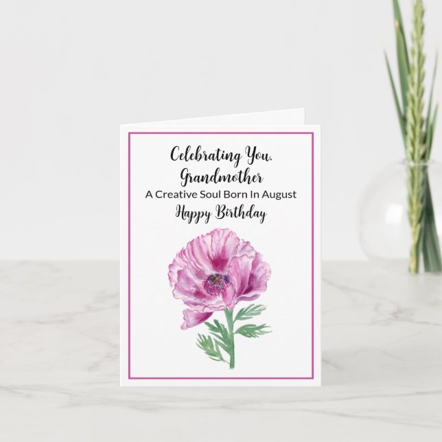 Grandmother Happy August Birthday Purple Poppy Card (Front)