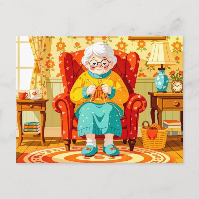 Grandmother knitting in Armchair – Illustration Holiday Postcard (Front)