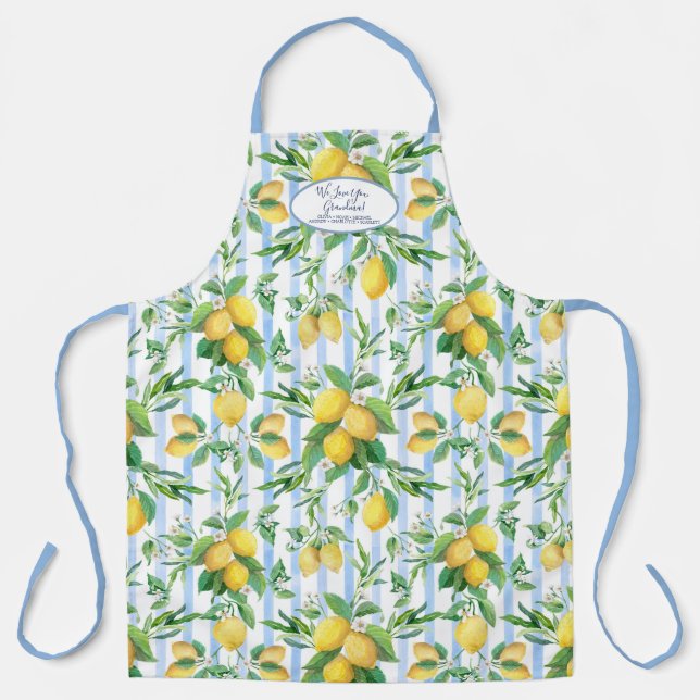 Grandmother Lemon Floral Blue and White Stripe Apron (Front)