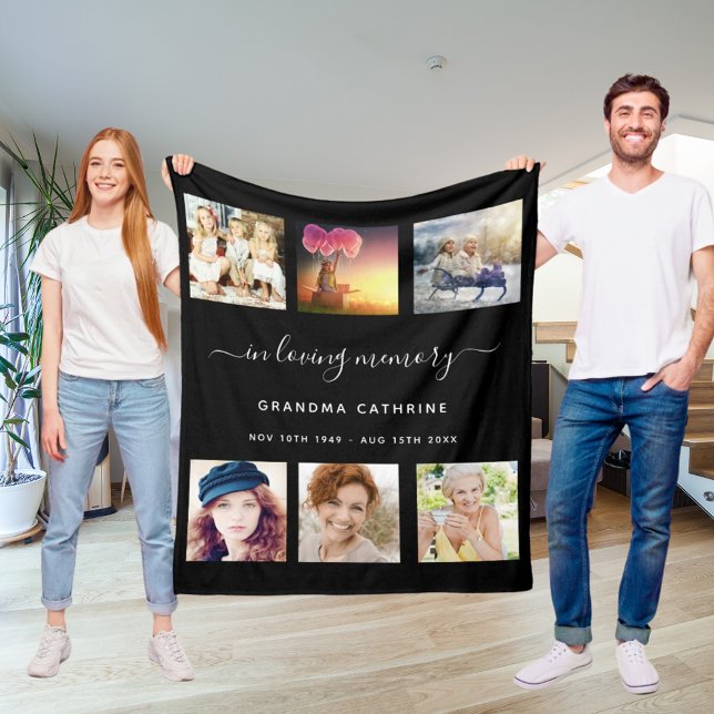 Grandmother memorial photo collage black memory fleece blanket (Creator Uploaded)