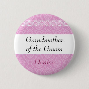 GRANDMOTHER OF THE GROOM Pink Damask Wedding 6 Cm Round Badge