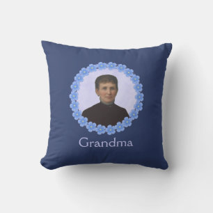 Grandmother Photo in Blue Flower Frame Custom Cushion