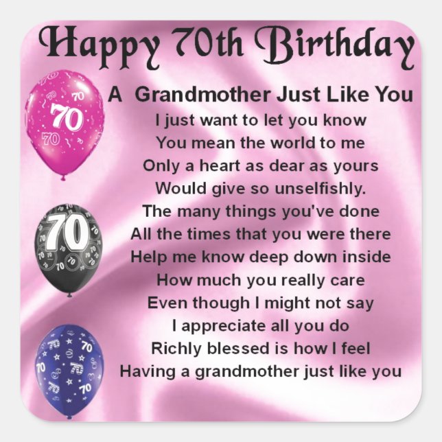 Grandmother Poem - 70th Birthday Square Sticker (Front)
