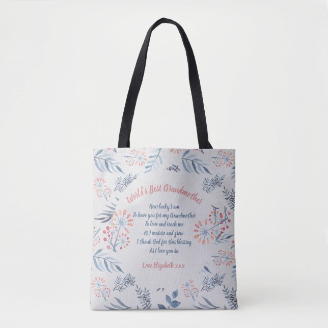 Grandmother Poem Personalised Blue Grey Rose Tote Bag (Front)
