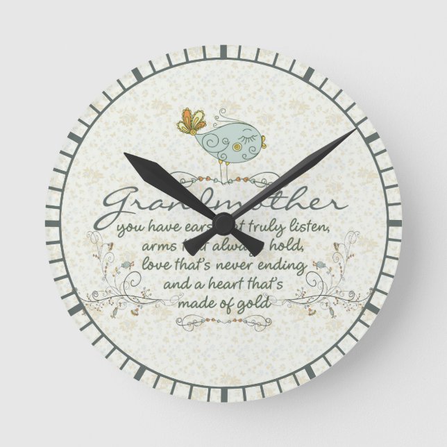 Grandmother Poem with Birds Round Clock (Front)