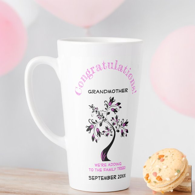 Grandmother To Be Pink Family Tree Announcement Latte Mug (same design on both sides of handle)