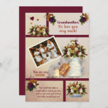 Grandmother We Love You Photo Fall Floral | Text   Card<br><div class="desc">What better way to tell your Grandmother how much she means to you than with this dark red to maroon and rusty terracotta with gold tone and winter white accents photo floral bouquets on a rustic watercolor blush to dark gradient look background keepsake design. She will have something to treasure...</div>