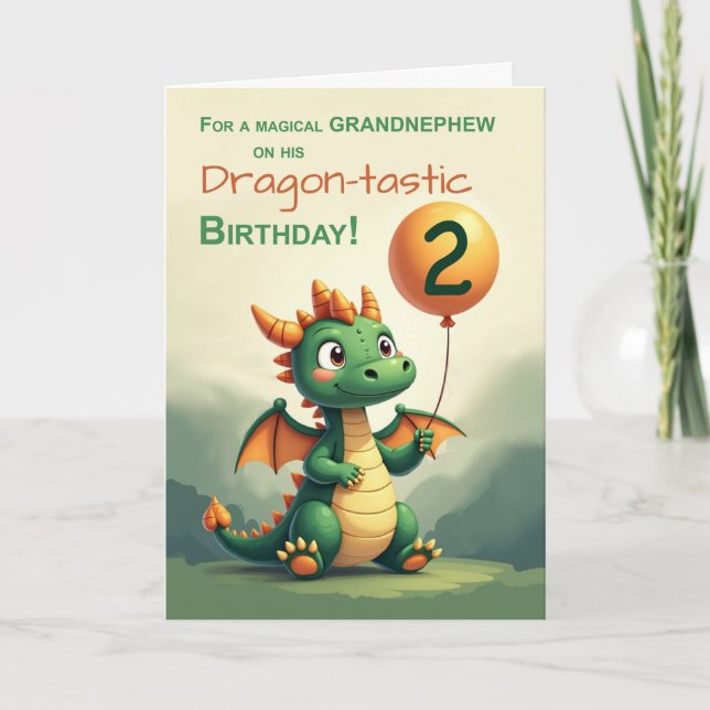 Grandnephew 2nd Birthday Cute Dragon Balloon Card (Front)