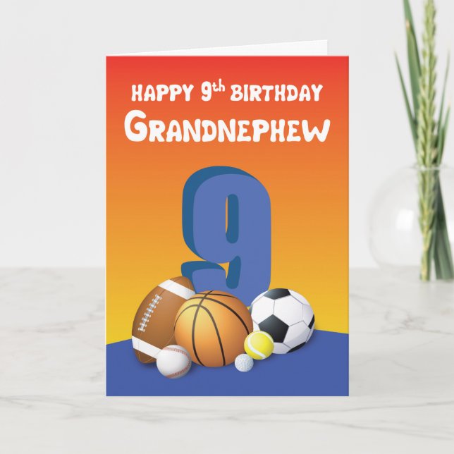 Grandnephew 9th Birthday Sports Balls Card (Front)