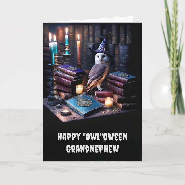 Grandnephew Cute Happy Halloween with Owl Magic Card (Front)