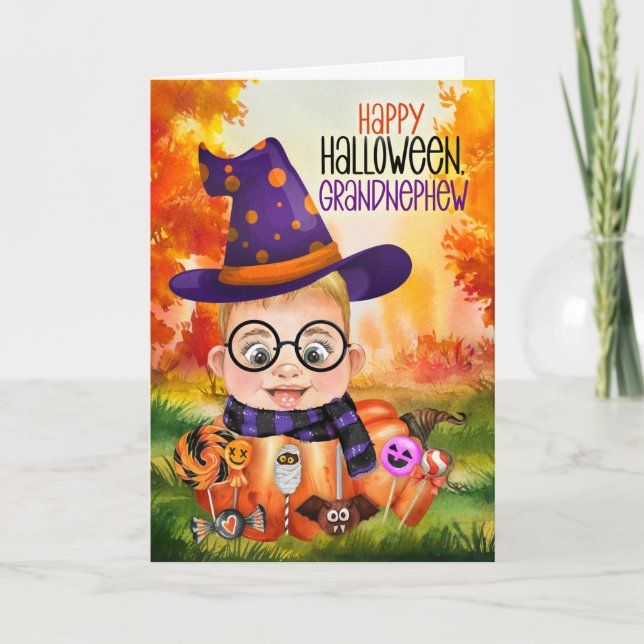 Grandnephew Little Wizard Boy Pumpkin Halloween Holiday Card (Front)