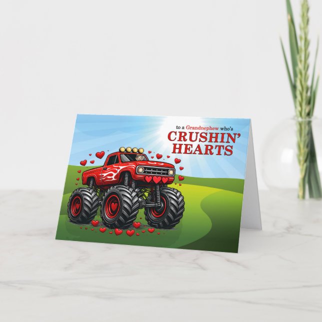 Grandnephew Monster Truck Crushin' Hearts Holiday Card (Front)