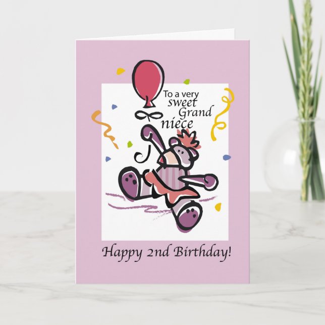 Grandniece 2nd Birthday Bear Balloon, Girl Card (Front)