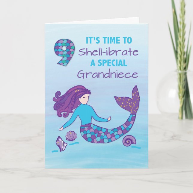 Grandniece 9th Birthday Sparkly Look Mermaid Card (Front)